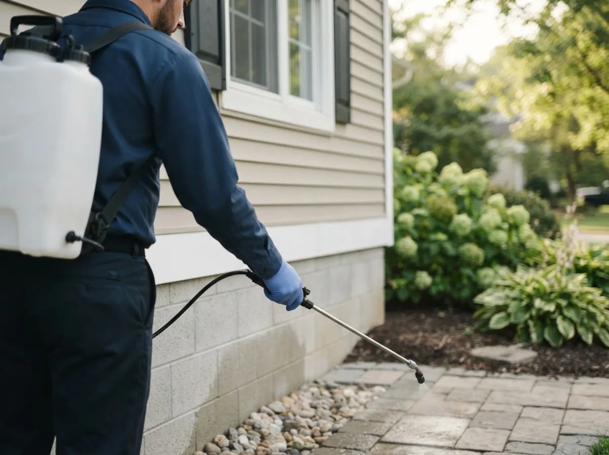 Pest control technician inspecting a home in Toms Brook, VA